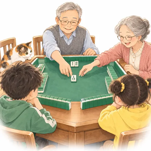 Grandpa reaches for the tile just discarded by grandma, who sits on his left, and lays three consecutive bamboo tiles in front of him; grandma laughs