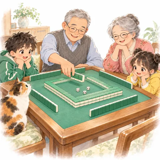 Grandpa, the dealer, takes a block of four tiles from the square wall in the middle of the table while the grandson watches eagerly