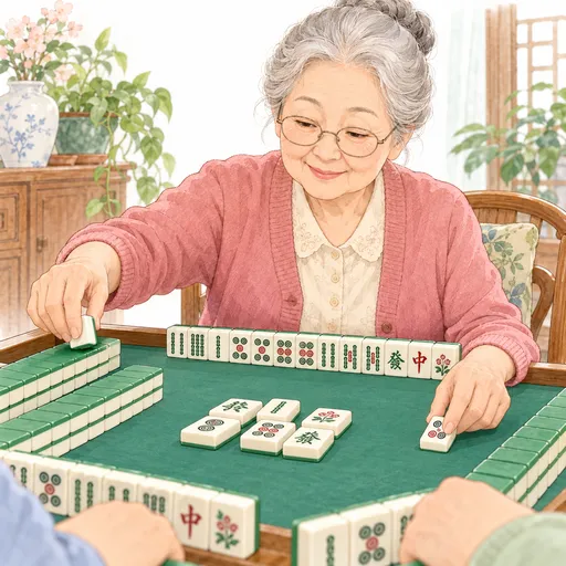 Grandma draws a tile from the wall with one hand and places a discard into the neat rows of discarded tiles in the middle of the table with the other