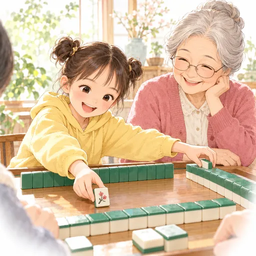The granddaughter lays a flower tile painted with plum blossom in front of her row while her other hand draws a replacement from the end of the wall; grandma smiles beside her