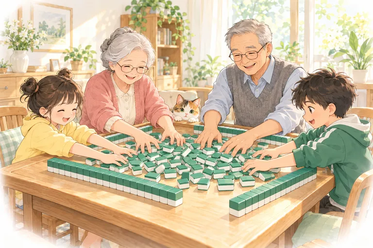 Grandpa, grandma and their two grandchildren shuffling tiles and building the wall around a wooden mahjong table while a calico cat peeks over the edge