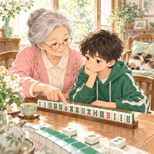 Grandma sits beside her grandson and gently points at one tile in his row while he listens carefully; a cup of tea nearby and the calico cat asleep on a chair