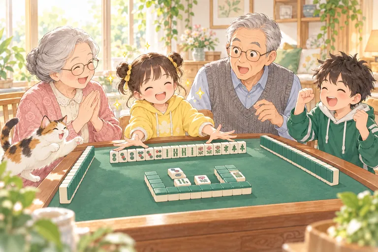 The granddaughter beams as she pushes her whole row down to reveal a winning hand; grandma claps, grandpa raises his eyebrows in delight, the grandson cheers and the calico cat leaps